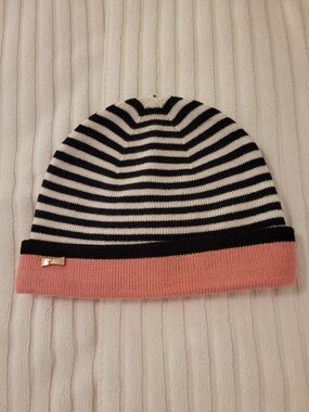 kate spade Black White Striped Knit Beanie with Pink Cuff